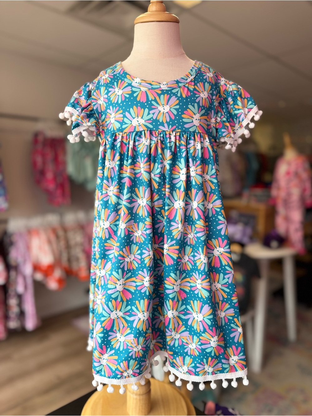Mila and Rose Teal Floral Pom-Pom Sleeve Girls' Dress Size 4T